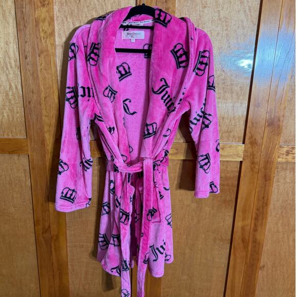 Other - Juicy Couture Pink Fleece Robe L/XL Crown Logo Belted Sleepwear Plush